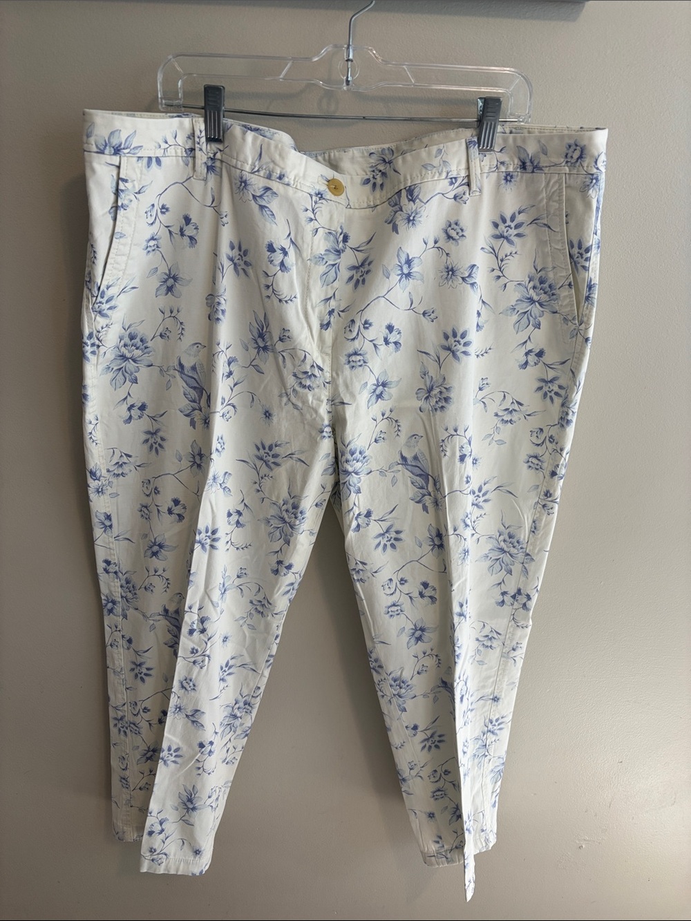 Talbots 18W Relaxed Chino Pants Womens Blue White Floral Cotton Stretch Plus